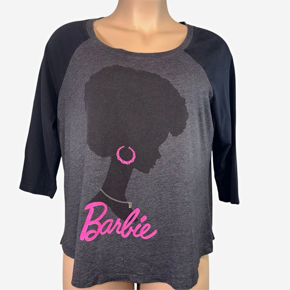 Doe Barbie Graphic Raglan 3/4 Sleeve Scoop Neck Tee Gray Black Pink Size 2